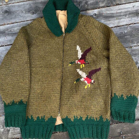 Vintage 1958 Green Goose Cowichan Handmade Woven Wool Jacket Canvas Large Canada - Picture 1 of 16